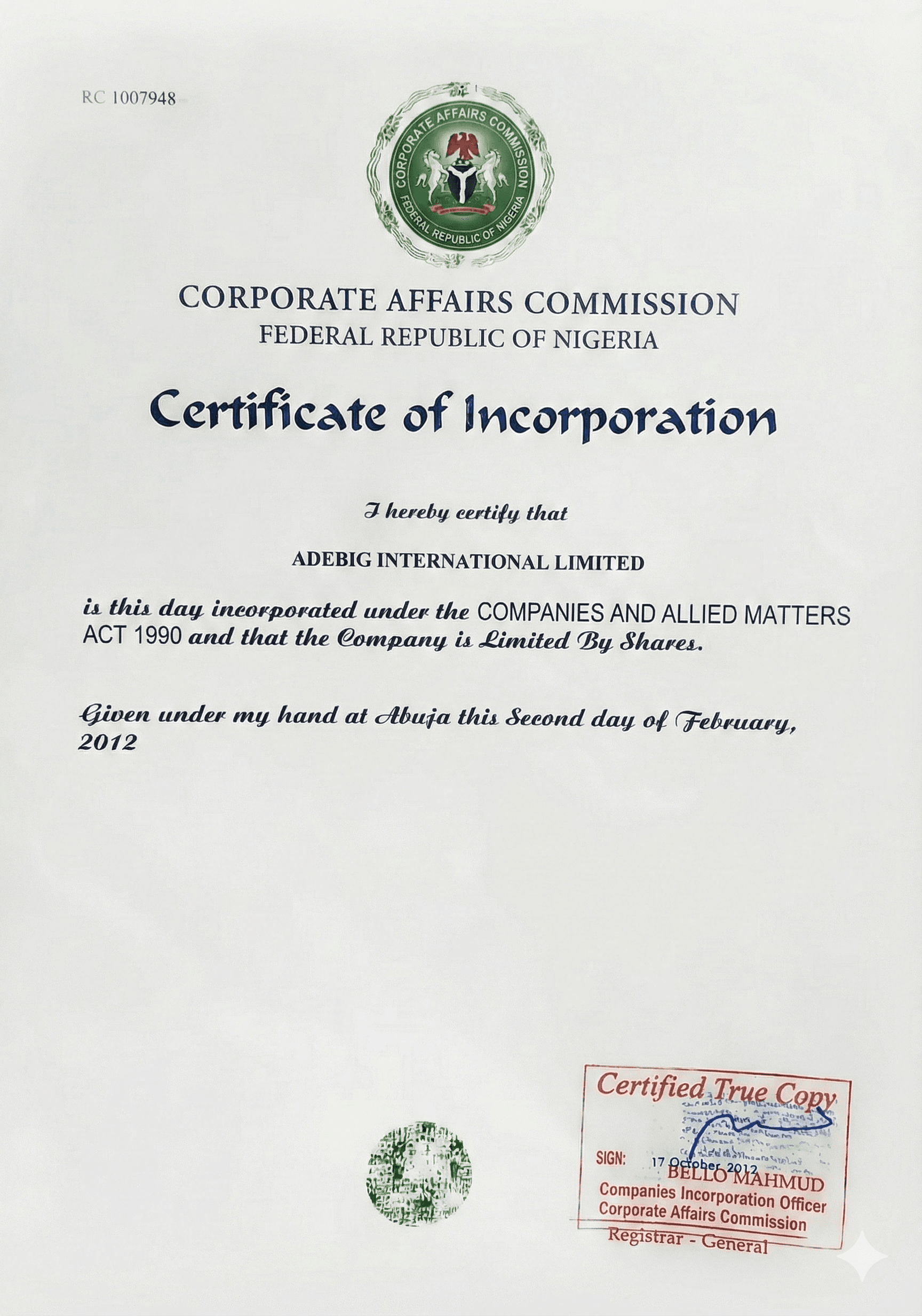 Adebig International Limited CAC registration certificate